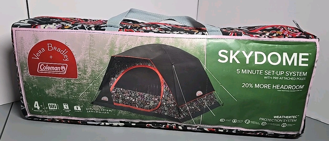 4 Person Tent Coleman Skydome Vera Bradley Eden Paisley Gray NEW Open Box