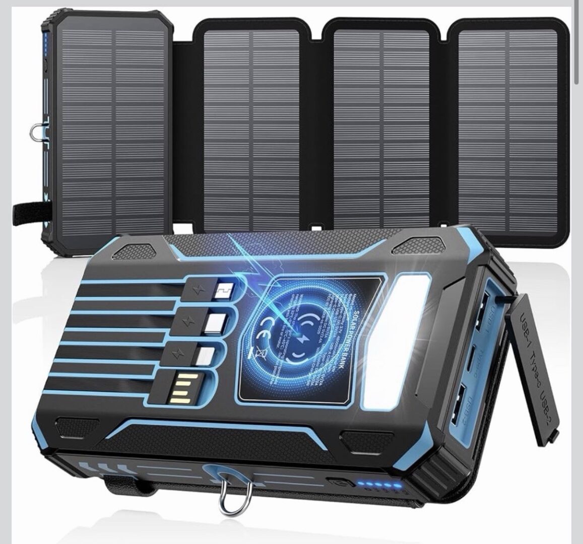 Solar Charger Power Bank – 20000mAh Wireless Portable Charger Built-in 4 Cables