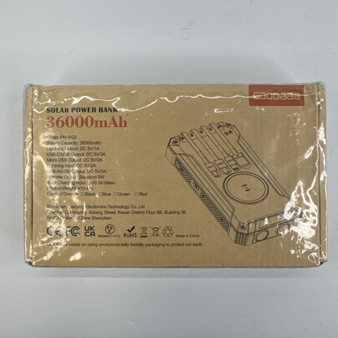 GOODaaa PN W22 BLACK WIRELESS SOLAR POWER BANK CHARGER 36000MAH 4 CABLES