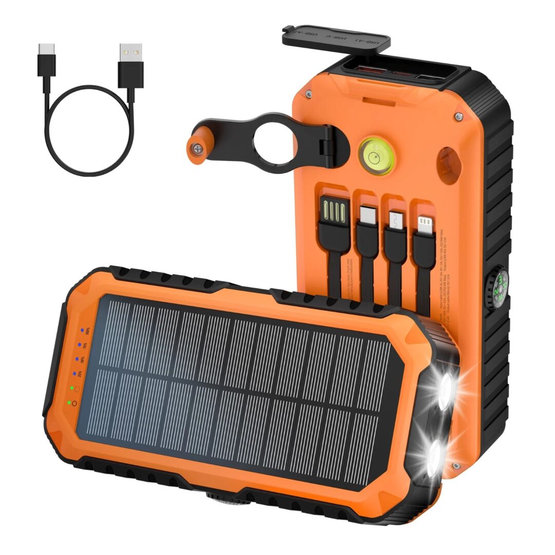 40,000mAh Solar Power Bank with Hand Crank, Built-in 4 Cables, Compass & Level,