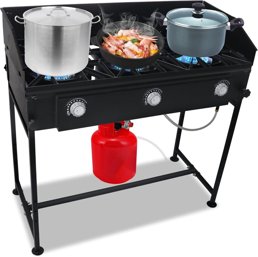 Three Burner Propane Outdoor Camping Stove – 2,25,000 High BTU – with Wind Panel