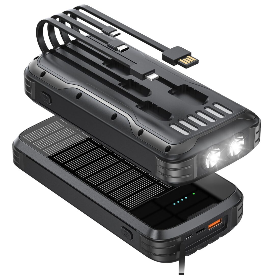 Solar-Power-Bank-Charger, 40000mAh Portable Charger Built in 4 Cables with US…