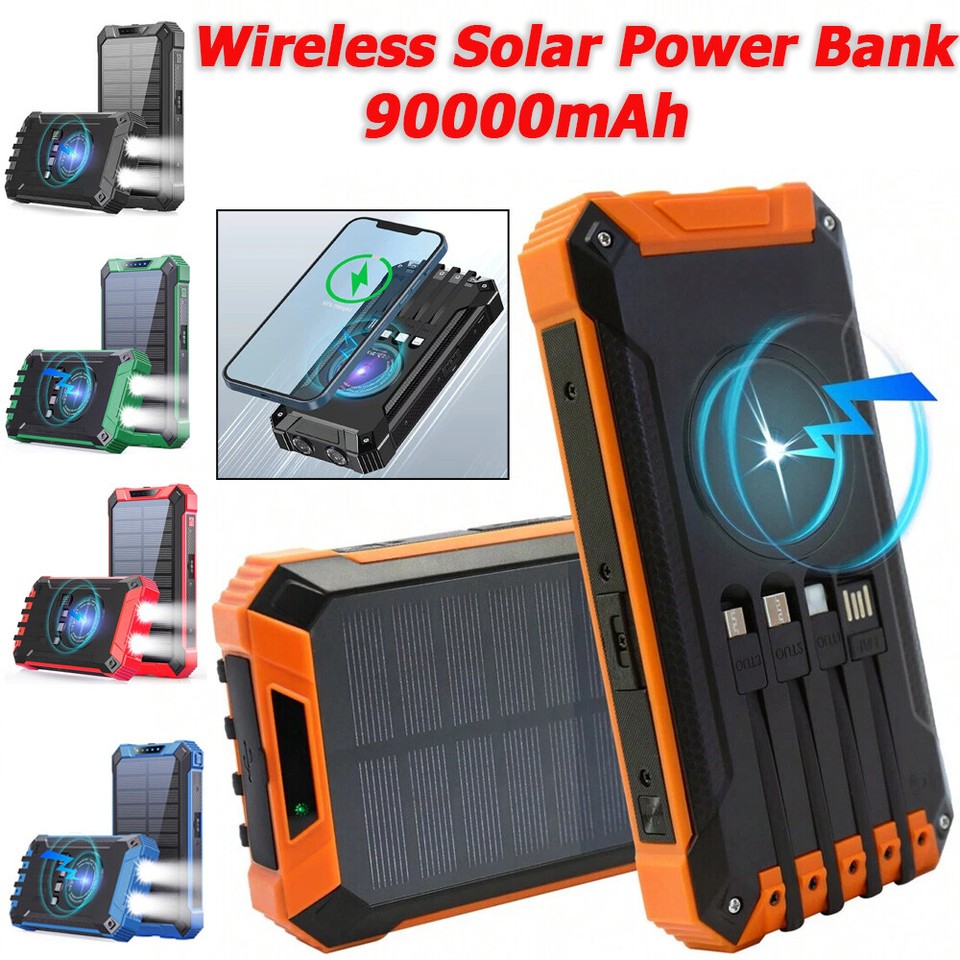 90000mAh Wireless Magnetic Solar Power Bank Charger Portable External Battery US