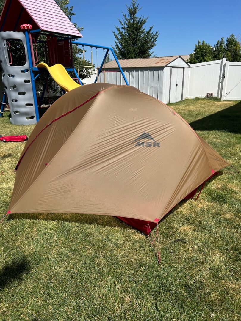 MSR Freelite 3 person backpacking tent, red and tan, lightweight, w/footprint