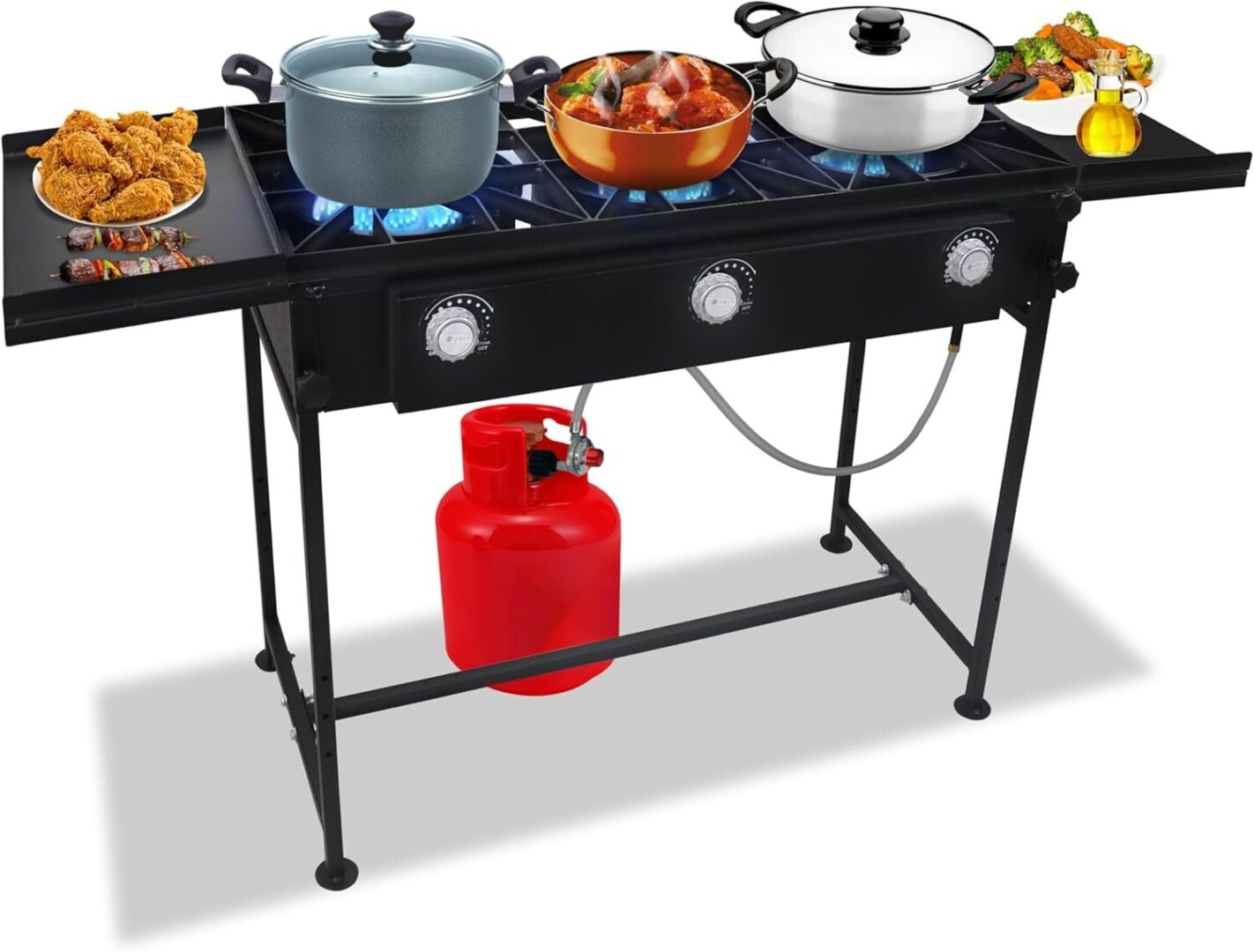 Three Burner Propane Outdoor Camping Stove – 2,25,000 BTU – with Dual Side Shelf