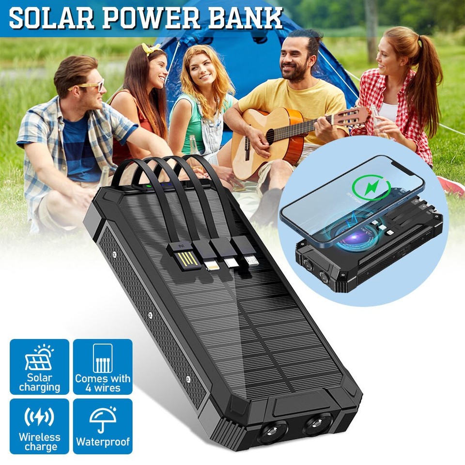 10000000mAh Solar Power Bank Wireless Charger Built in 4 Cables External Battery
