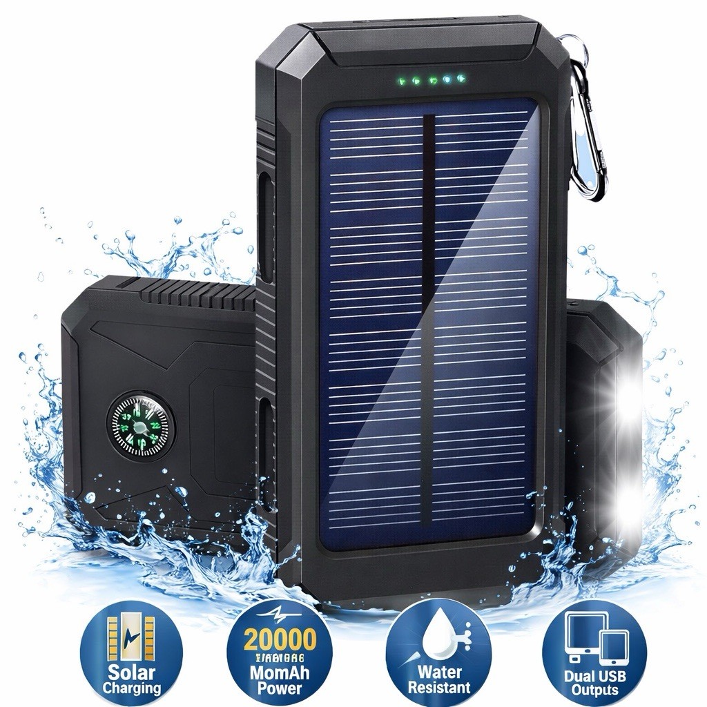 Solar Power Bank 20000mAh Waterproof Charger w/ Compass & Dual USB Ports
