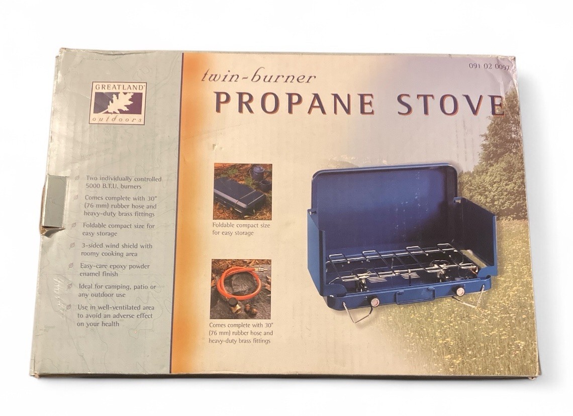 Greatland Twin Burner Propane Stove w/2 Burners 5000 BTU Foldable NEW Old Stock