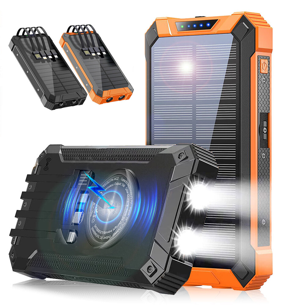 36000mAh Solar Power Bank Wireless Charger Built in 4 Cables Dual Flashlight