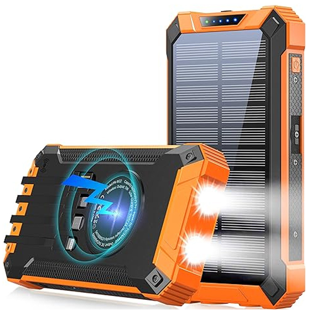 42800mAh Wireless Solar Power Bank Charger Built in 4 Cables USB Fast Charging