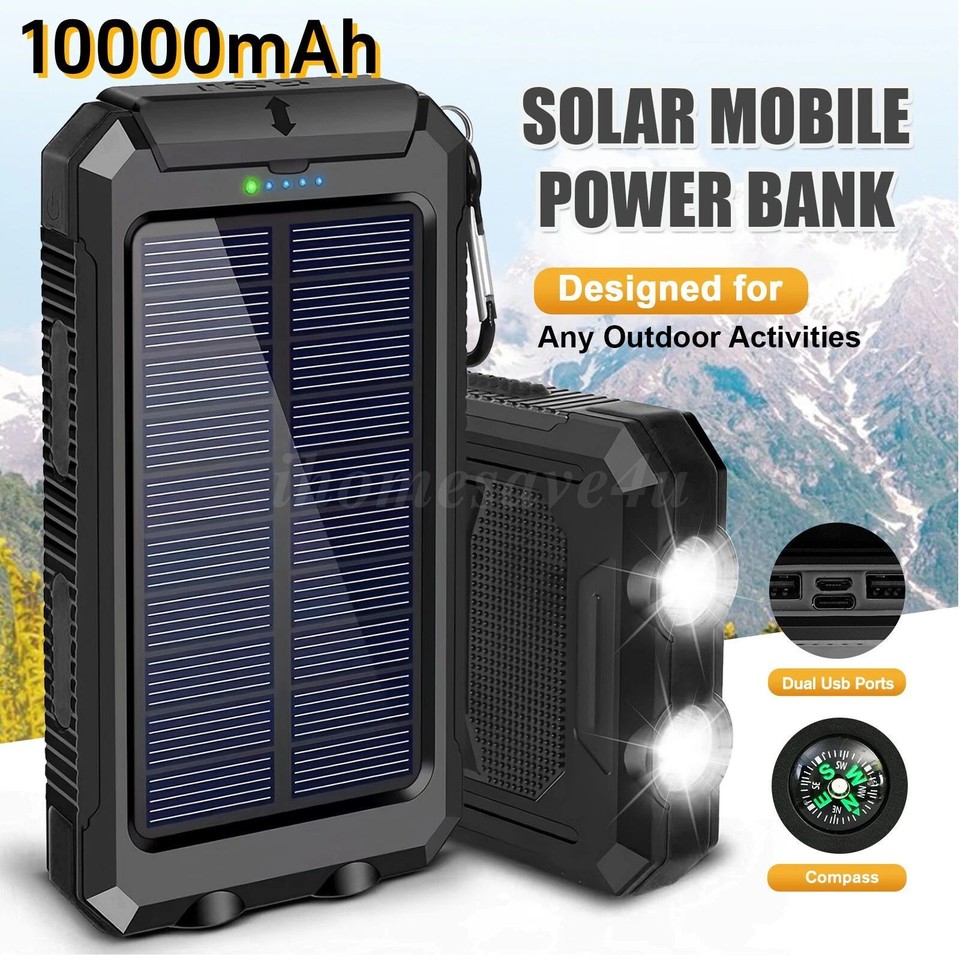 2025 Super 10000mAh Dual USB Portable Charger Solar Power Bank for Cell Phone