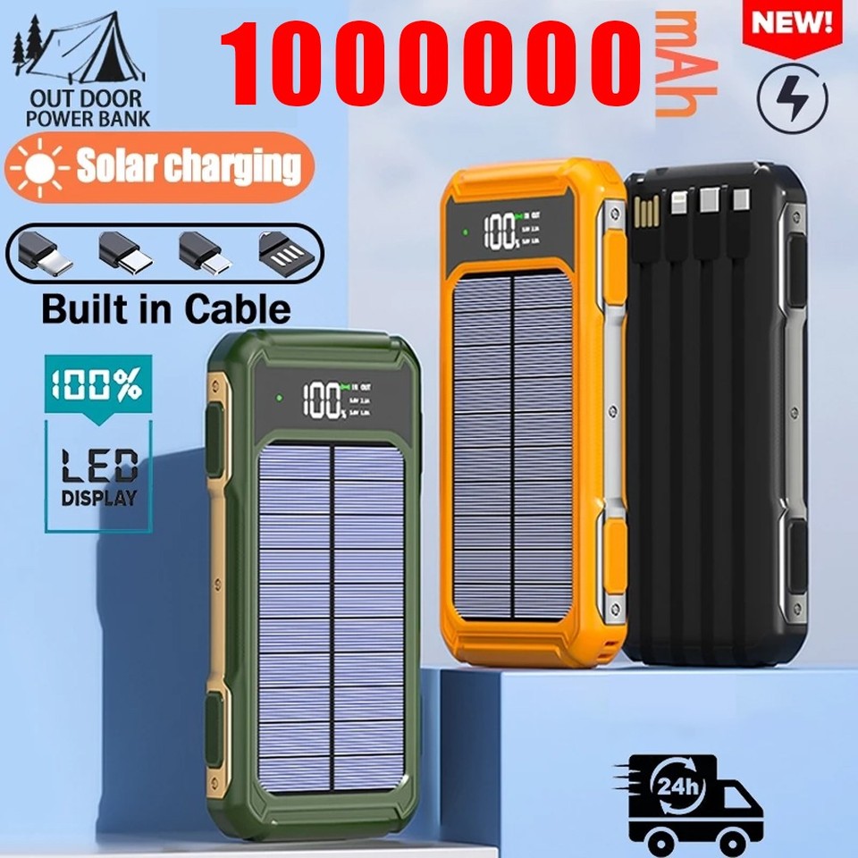 1000000mAh Portable Charger Solar Power Bank Battery Pack with cable for iPhone