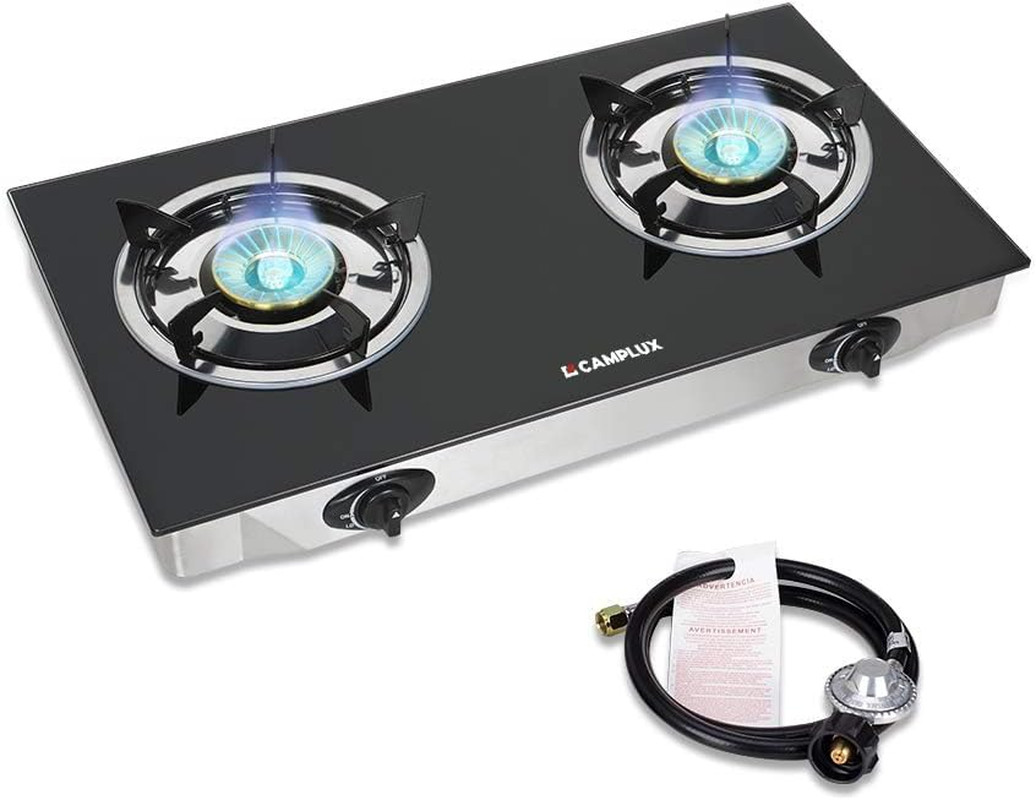 2 Burner Propane Stove, LPG Tempered Glass Auto Ignition Double Burner Portable