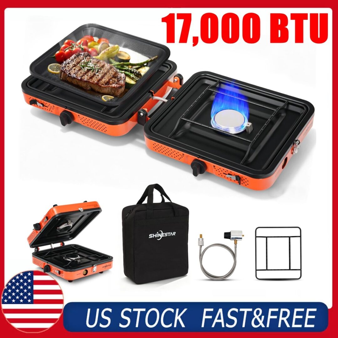 SHINESTAR 2 Burner Propane Stove Gas Grill Foldable Camping Cooker W/ Case &Hose