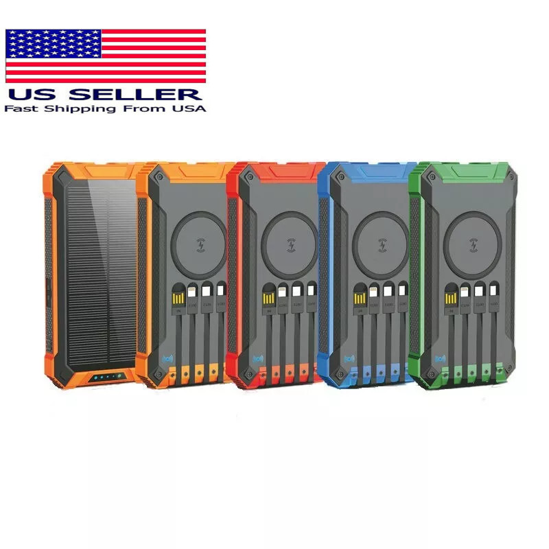 Solar Charger Power Bank Built-in Cables Wireless Fast Charging iPhone Android