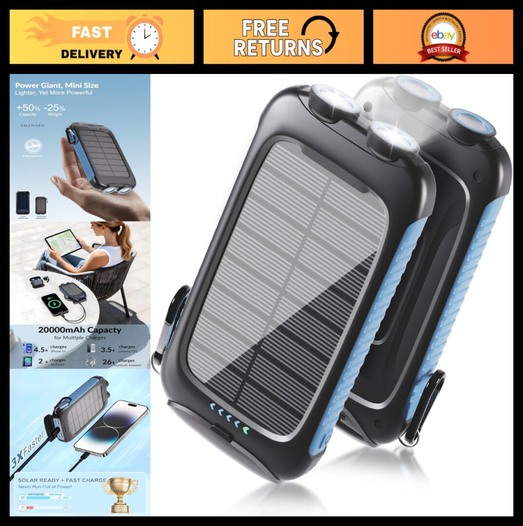 20000mAh Solar Power Bank, 15W Fast Charger, USB-A & USB-C, Waterproof, LED Flas