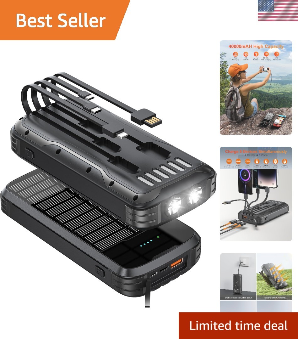 Versatile 40000mAh Solar Power Bank Charger with Built-in Cables & Fast Charge