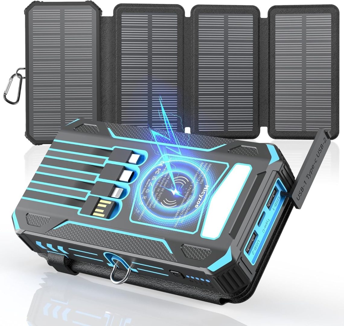 Solar Charger Power Bank 49800mAh With Built-in Cables, 12W QC3.0 Fast Chargi…