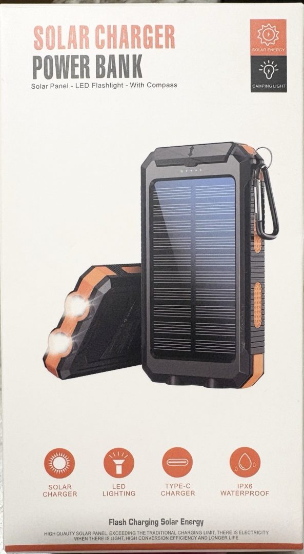 Portable Solar Power Bank Charger 20,000 mAH USB C Micro USB Flashlight Compass