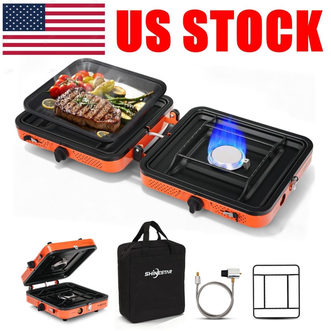 US Foldable 2 Burner Propane Stove & Gas Grill Camping Cooker W/ Case & Hose #