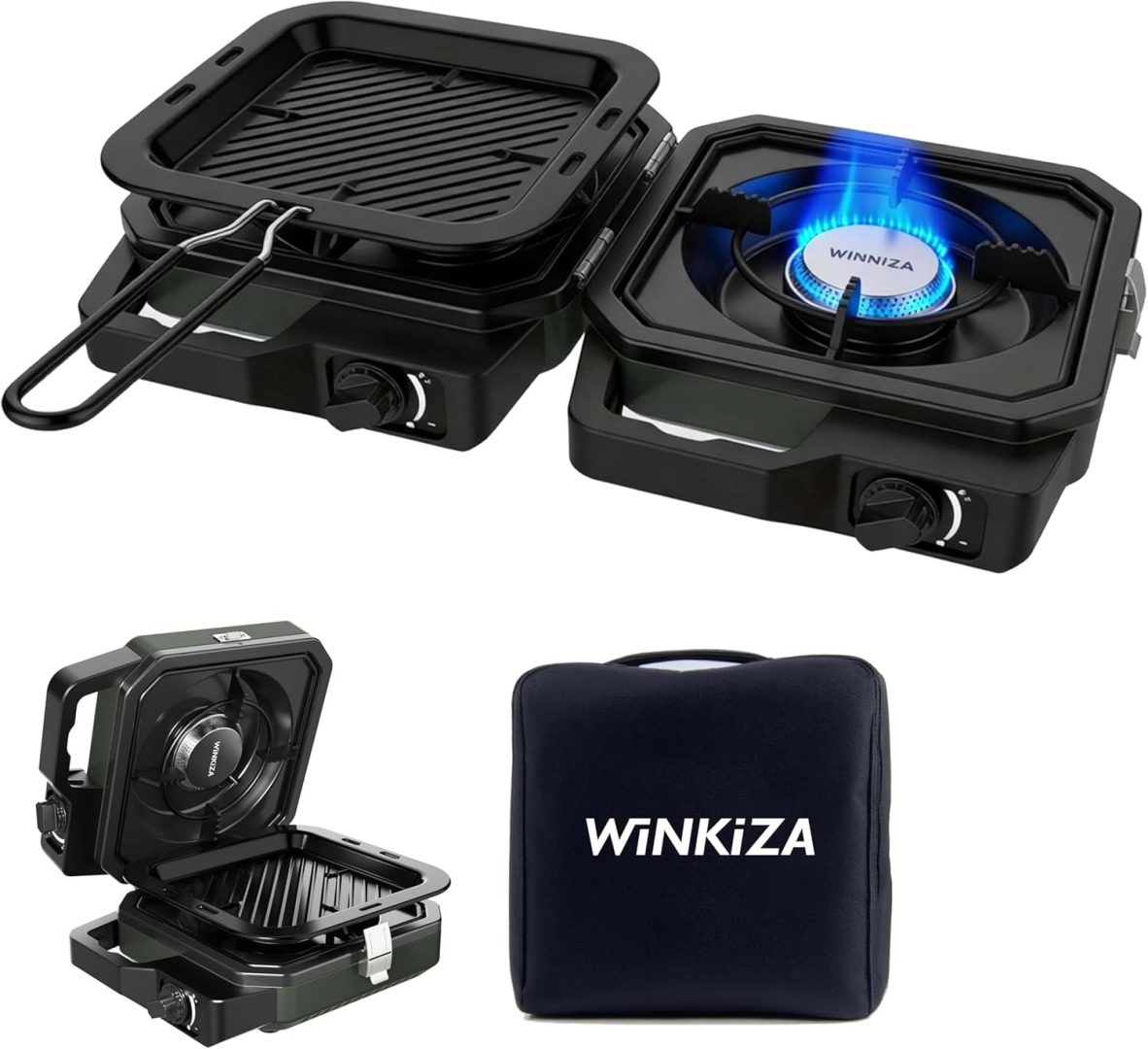 New  2 Burner Camping Stove with Grill, 12000 BTU Propane Gas Stove, Portable Fo