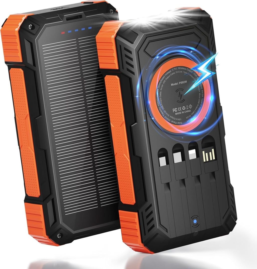 49800mAh Solar Power Bank 22.5W Fast 15W Wireless Charger 4 Built-in Cables