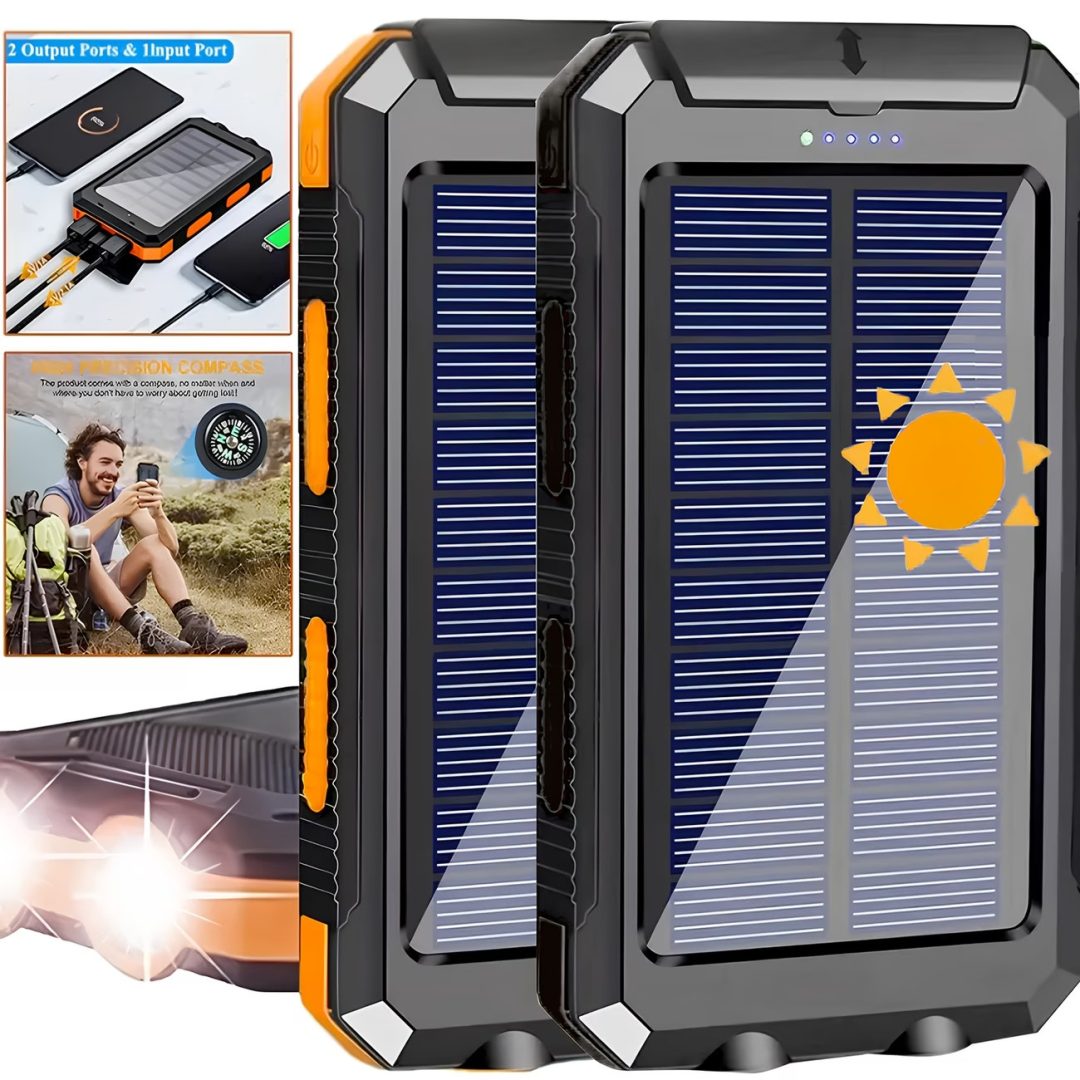 Portable Solar Power Bank Charger 2 USB LED Flashlight Compass Outdoor Camping
