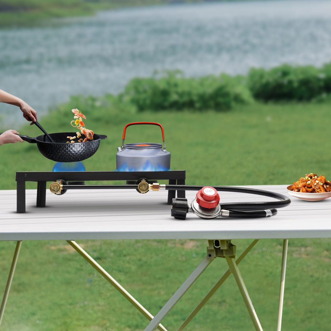Double Propane Gas Burner Stove Camping BBQ Cooker Cooking With Regulator Hose