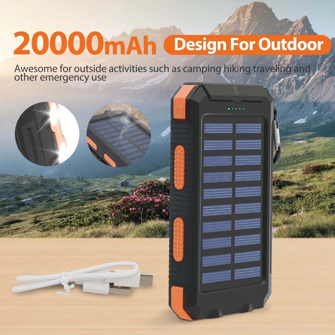 20000mAh Waterproof Solar Power Bank Dual USB Portable Charger with LED Light