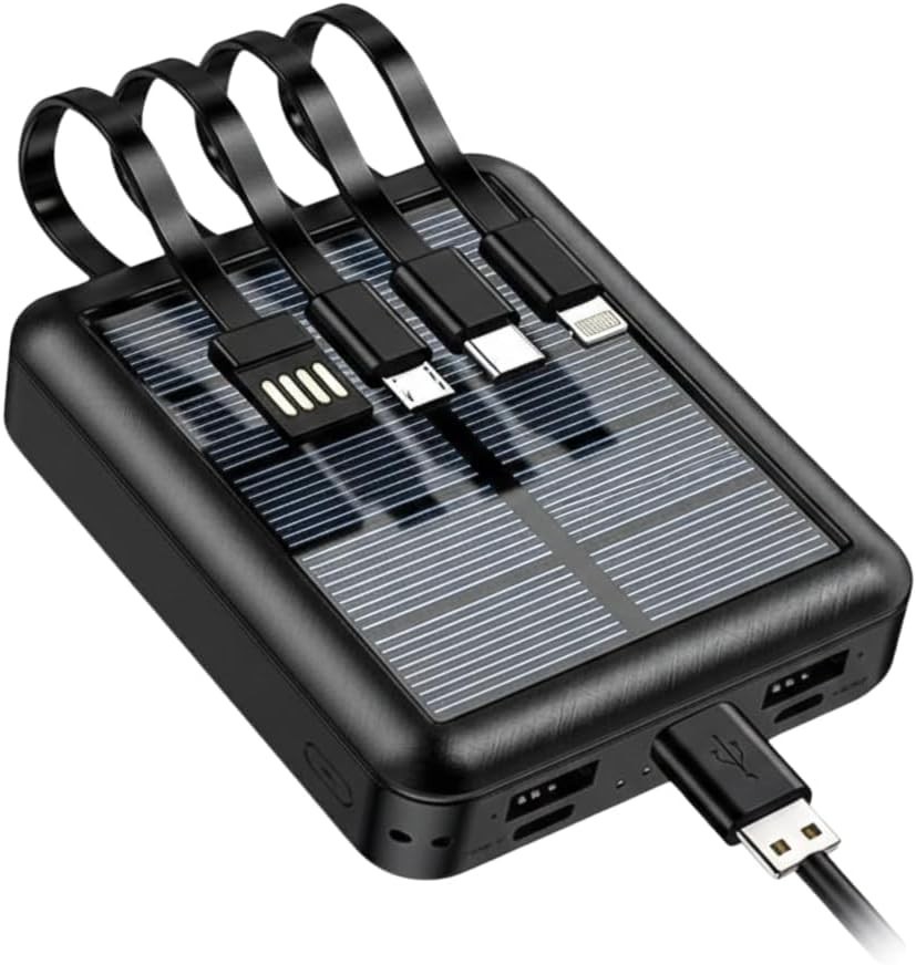Solar Power Bank 20000mAh Portable Charger Built-in 4 Cables LED Flashlight Fast