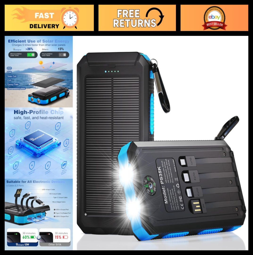 20,000mAh Solar Power Bank, Portable Fast Charging Battery Pack, 3 Ports & 4 Cab