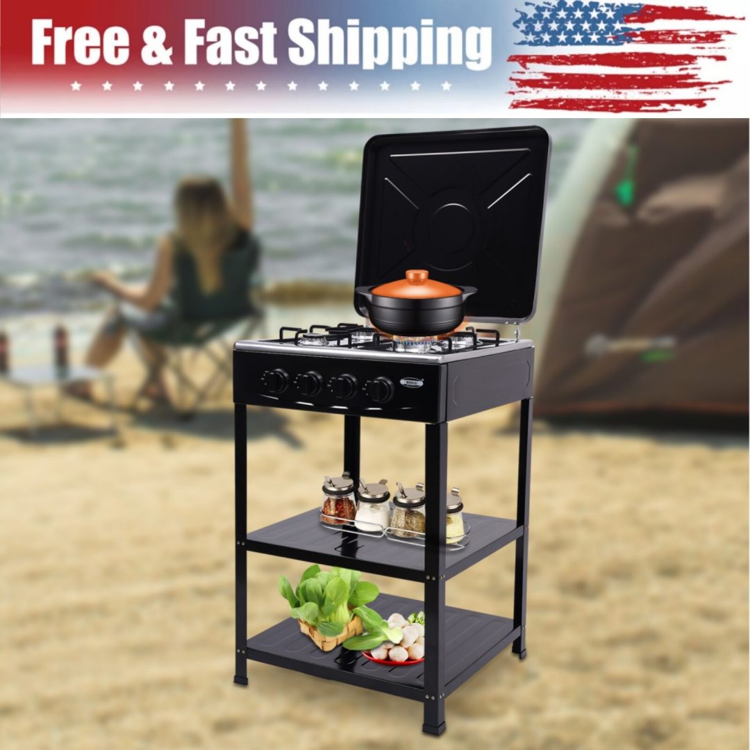 300000 BTU Stove Propane 4 Burner Portable Cooker BBQ Grill 2-Tier Rack Outdoor