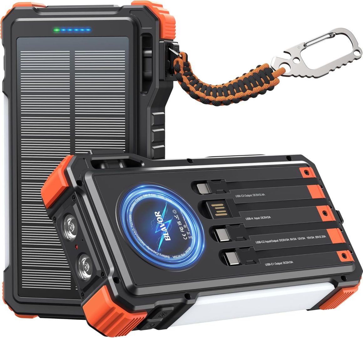 45W Solar Charger Power Bank 20000Mah Wireless Portable Charger Built-In Cables,