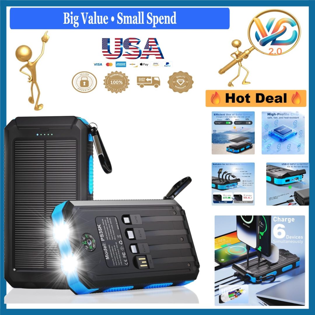 Blue 20,000mAh Solar Power Bank Fast Charging 3 Ports LED Flashlight