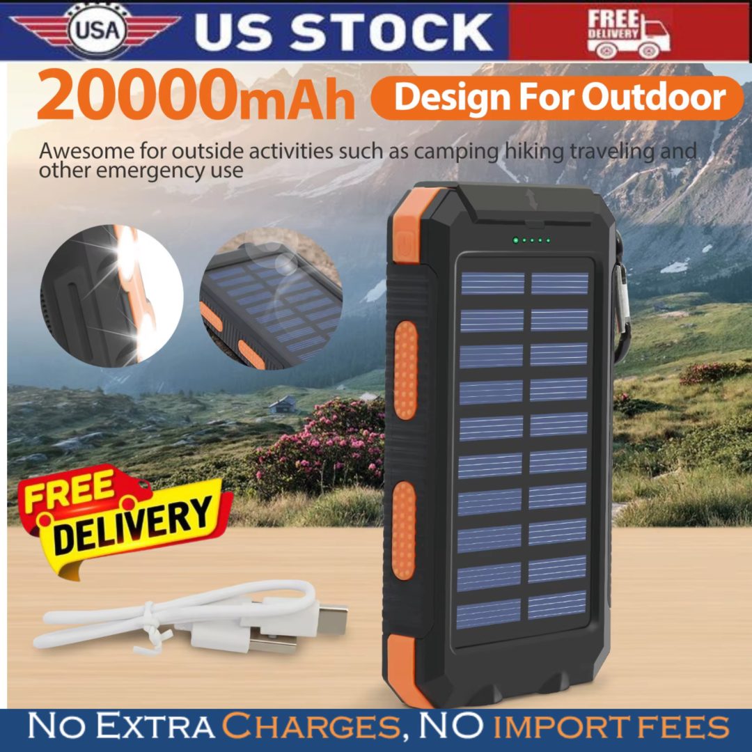 20000mAh Solar Power Bank Portable Charger Dual USB LED Light Waterproof
