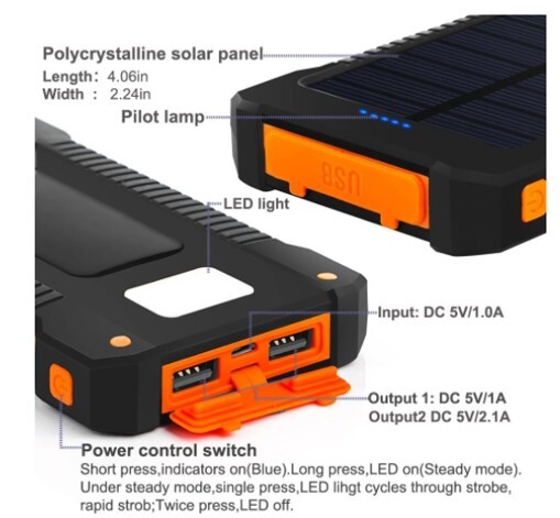 🔋 Solar Power Bank + Charger | 50000mAh | 2 USB Ports with LED light | 🟧Orange