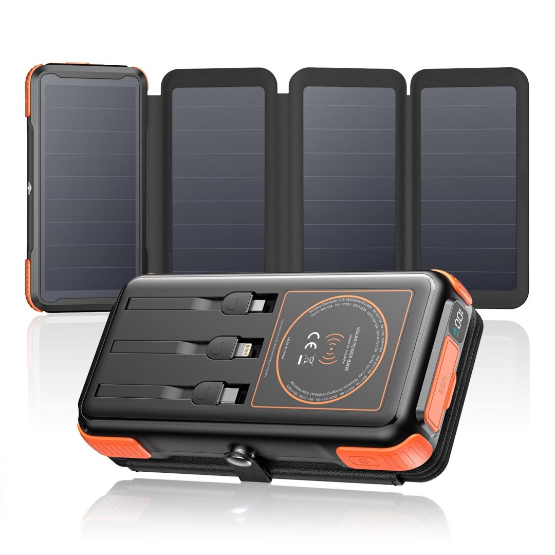 SOARAISE 25000mAh Wireless Solar Power Bank Charger 3 Cables Dual Outlets