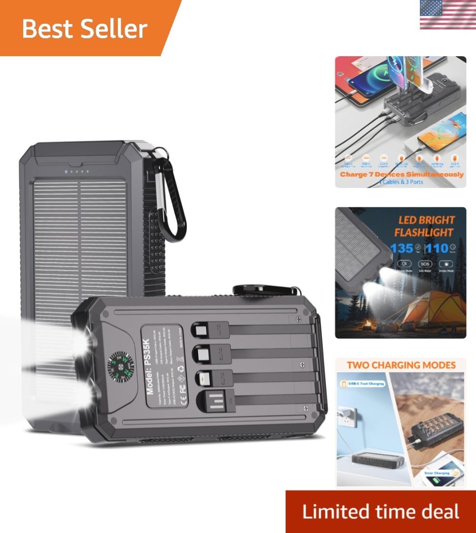 20,000mAh Solar Power Bank with 4 Cables & Flashlight – Durable Wireless Charger