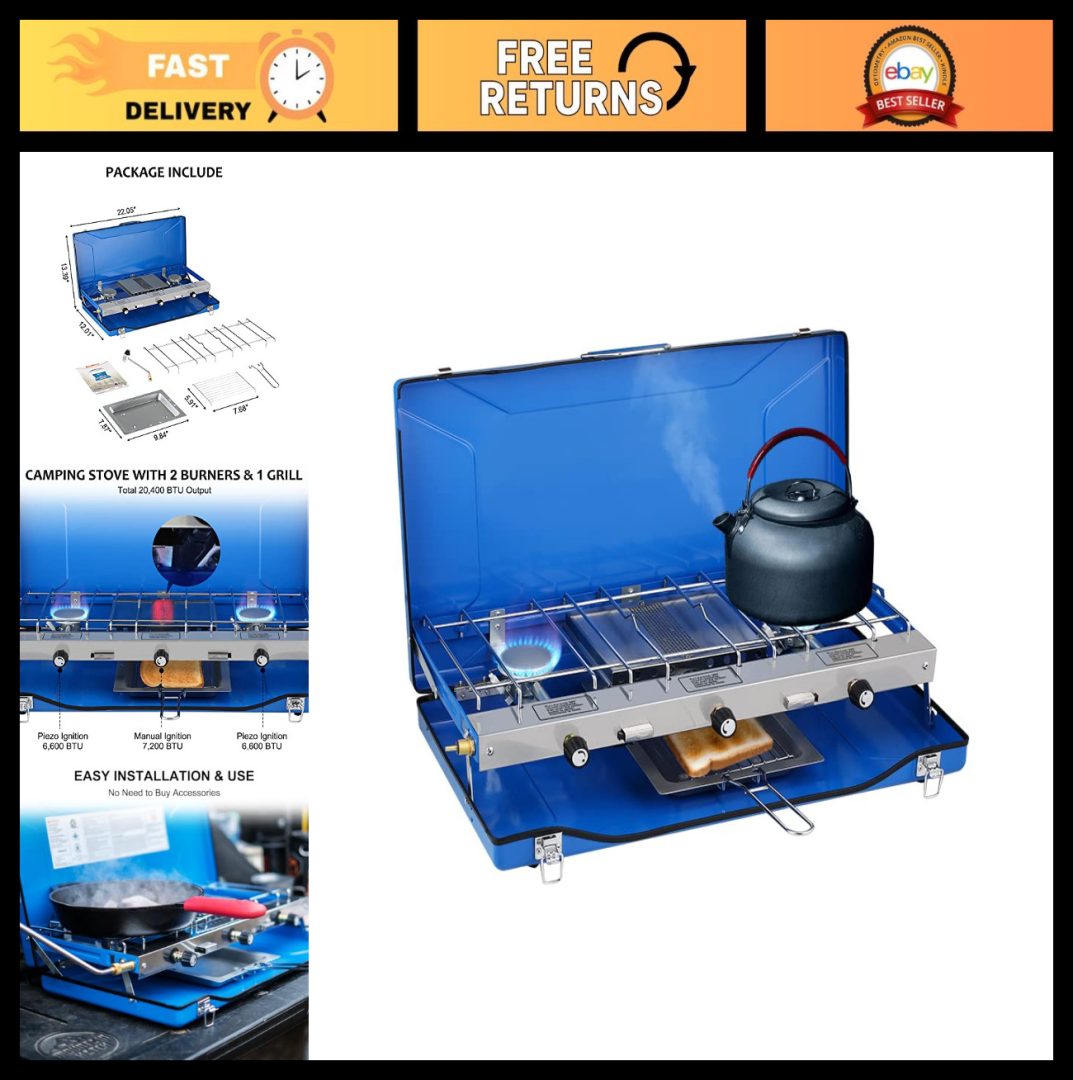Outdoor Propane Stove 20,400 BTU – 1 Grill & 2 Burners for Camping Cooking