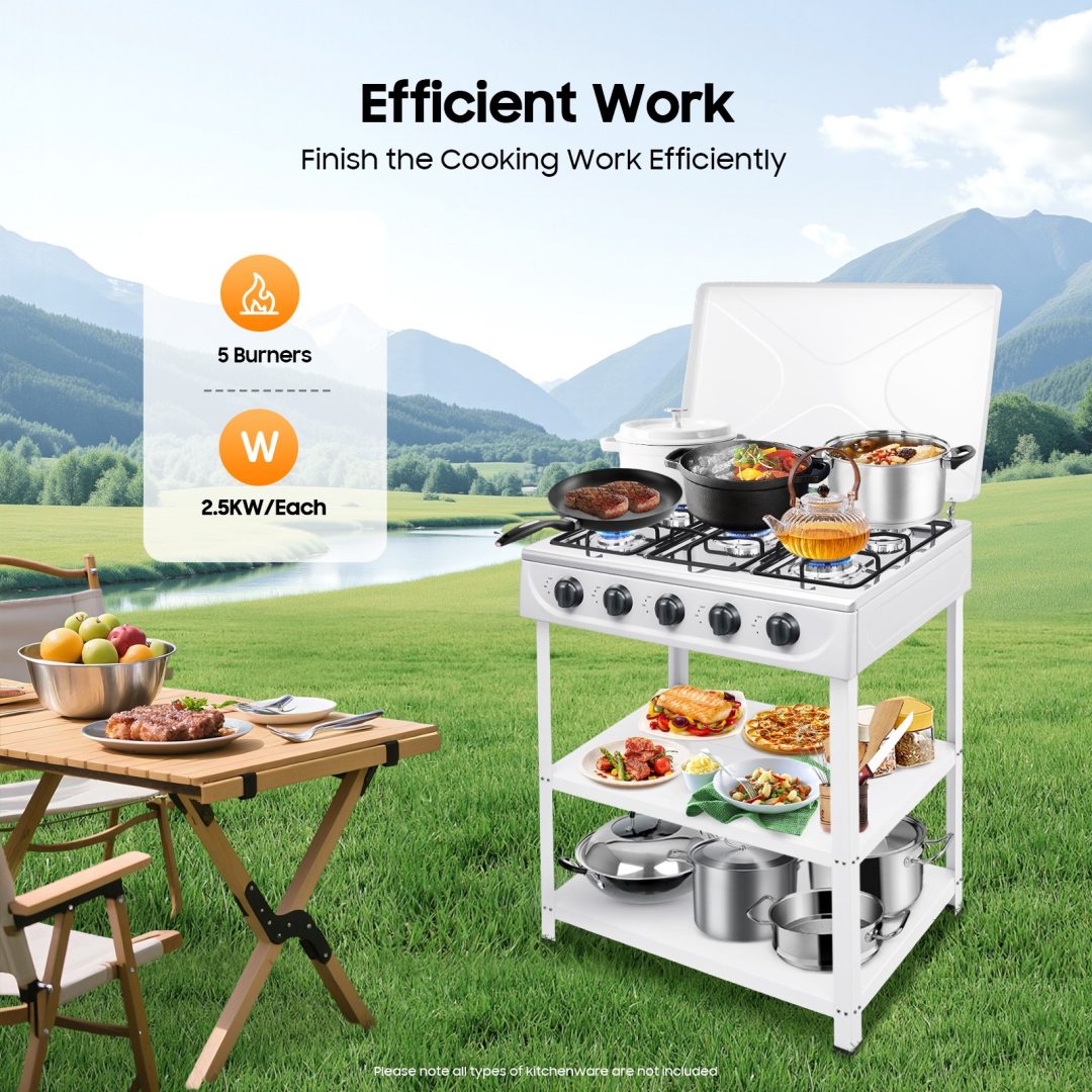 Outdoor 300000 BTU Stove Propane 5 Burner Portable Cooker BBQ Grill 2 Tier Rack