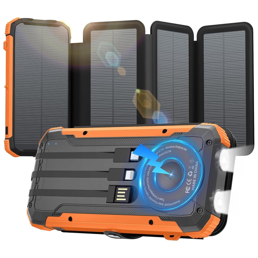 Solar Power Bank 20000mAh Portable Charger Built-in 3 Cables and Wireless Cha…