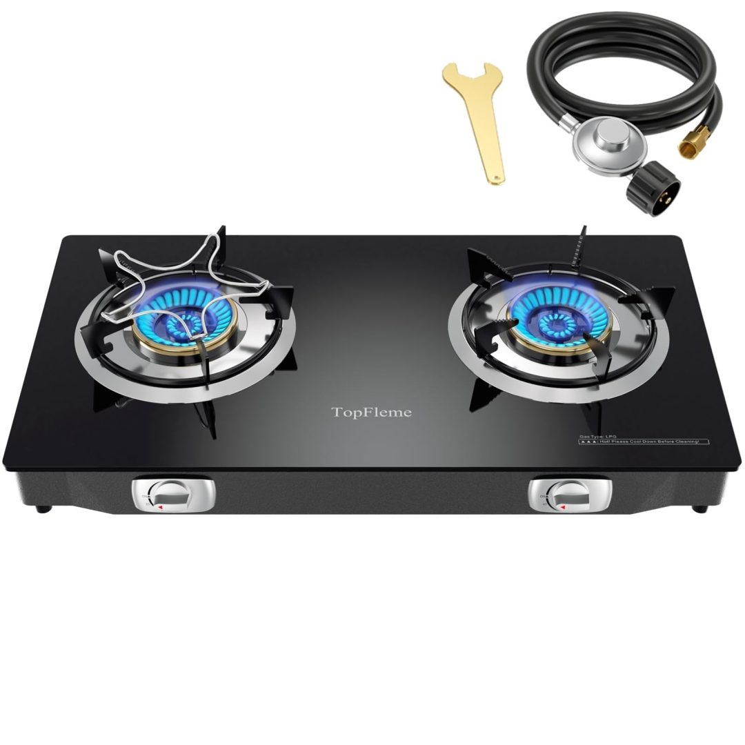 2 Burner Propane Stove 27,200 BTU High-Efficiency Tempered Glass Auto-Ignitio…
