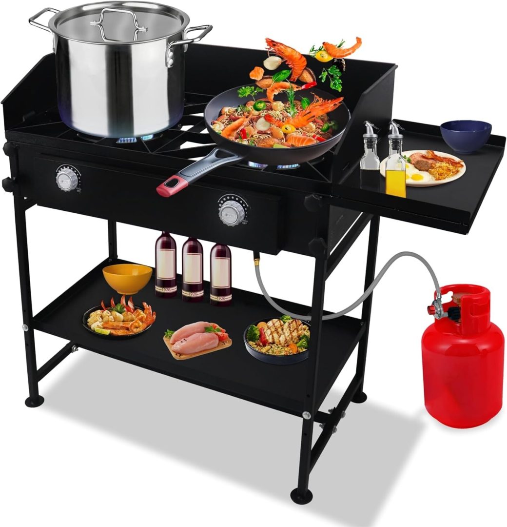 Two Burner Propane Camping Gas Stove – with Side & Bottom Shelf and Wind Panel