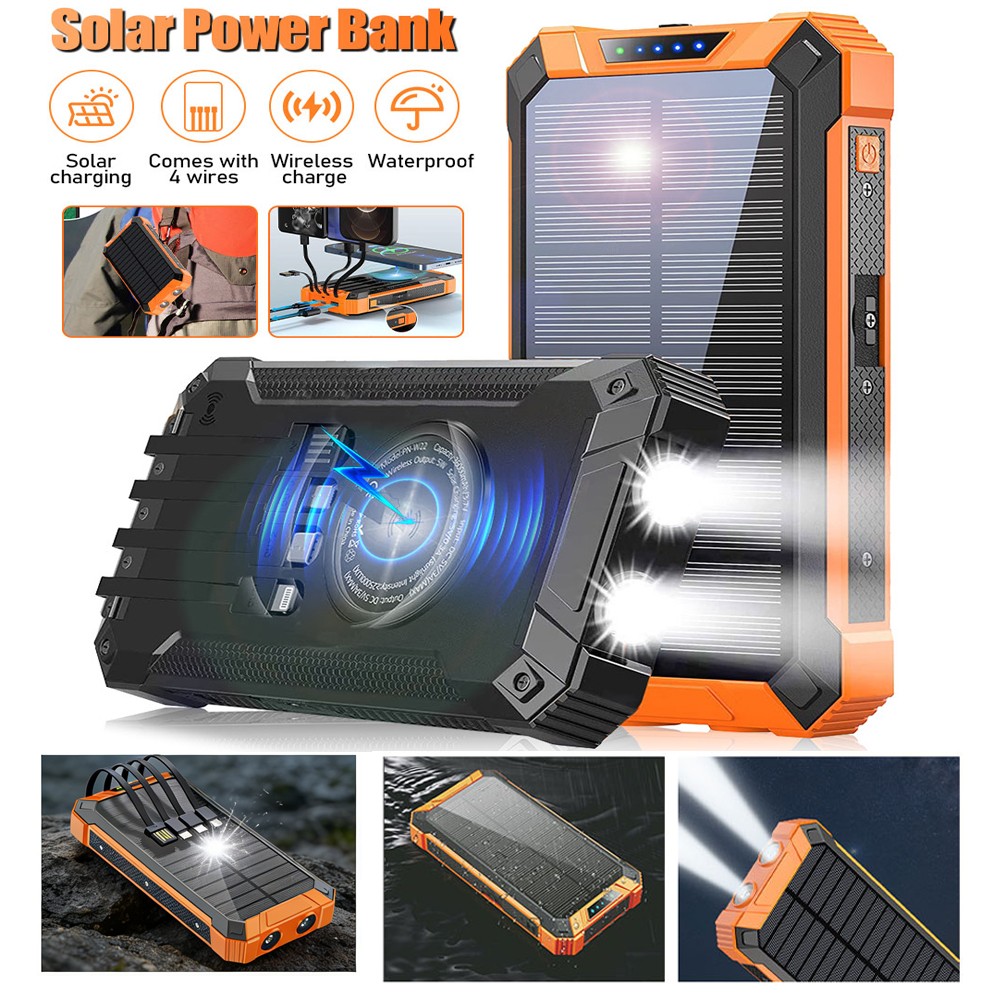 36000mAh Wireless Power Bank Universal Solar Charger Type-C USB 4 Cables w/ LED
