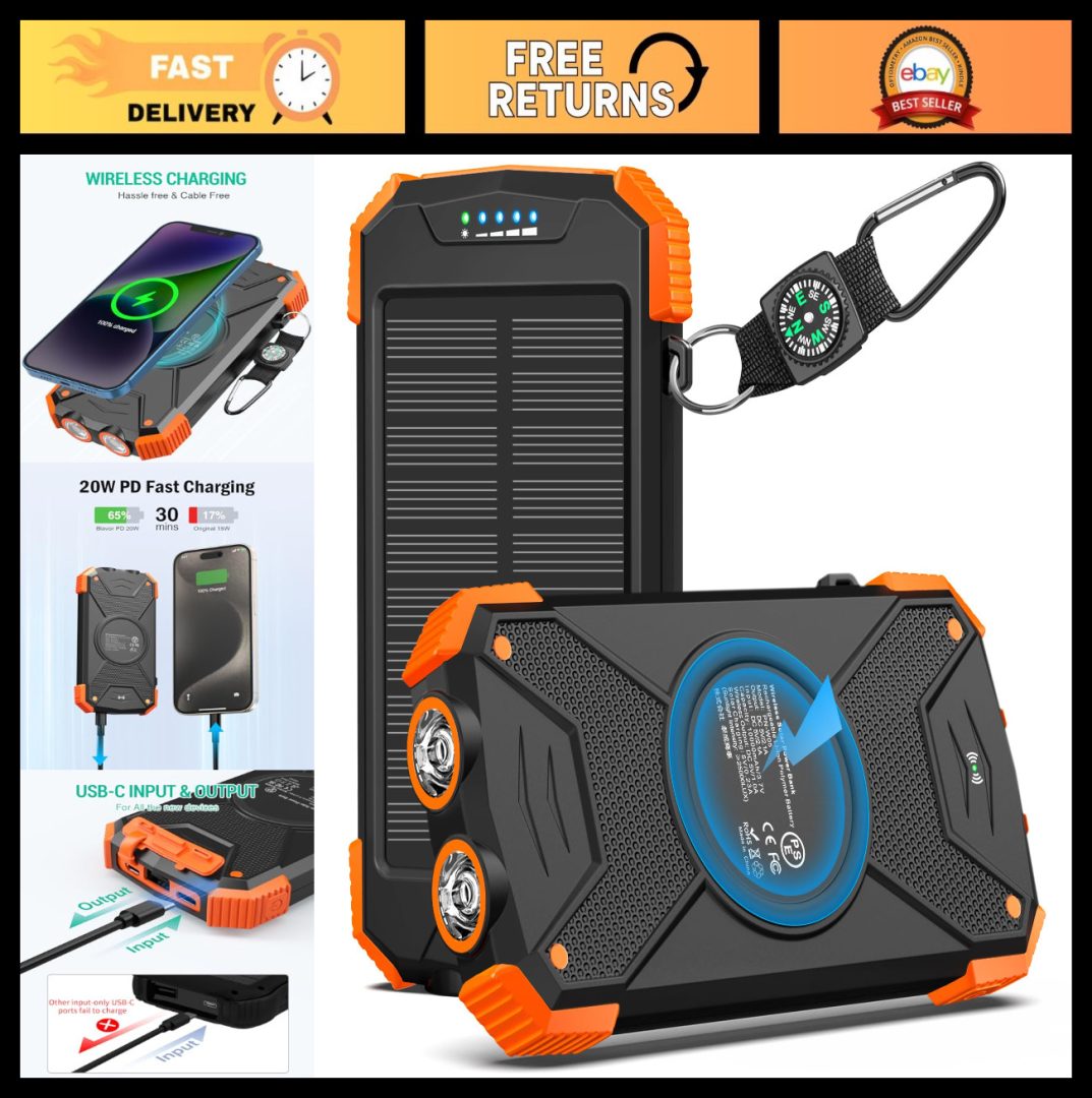 10,000mAh Solar Power Bank, Portable Wireless Charger, 20W Fast Charging, USB C,