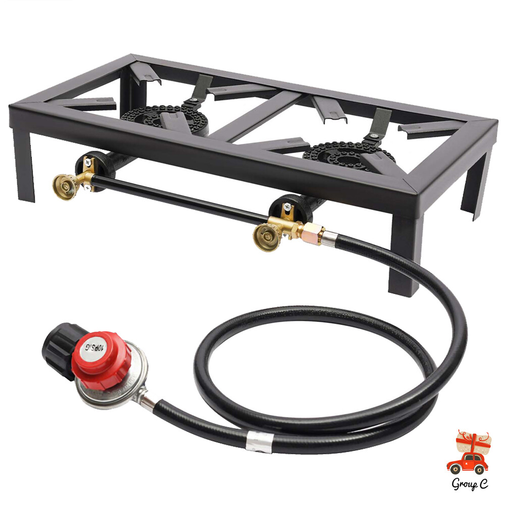 Double Propane Gas Burner Stove Camping BBQ Cooker Cooking With Regulator Hose.
