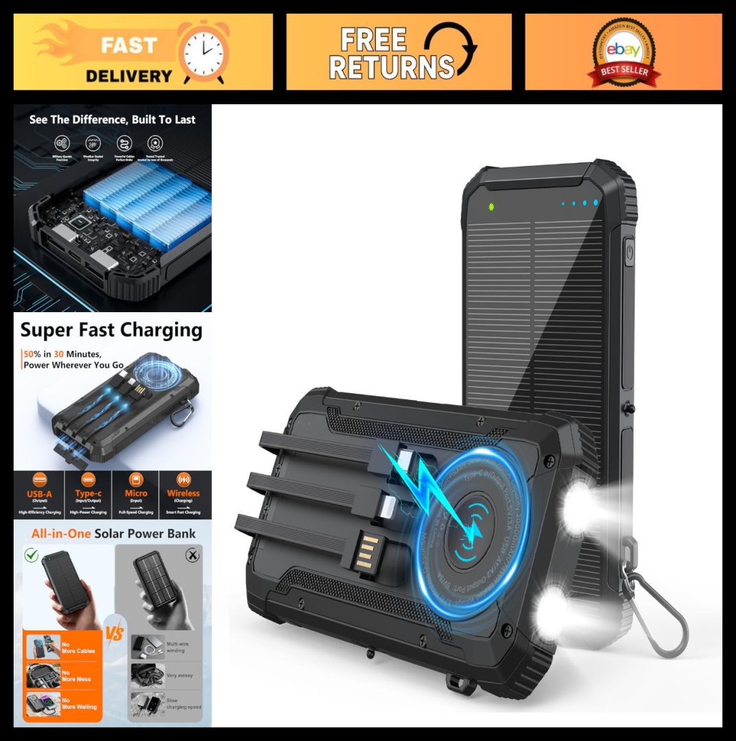 20000mAh Solar Power Bank Wireless Charger, 15W USB-C Fast Charging, Portable Ba