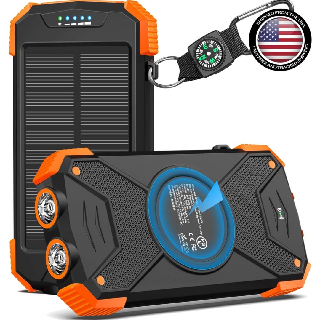 10,000mAh Solar Power Bank & Wireless Charger with Dual Flashlight for Camping