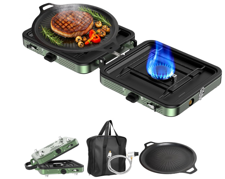 2 Burner Foldable Propane Camping Stove 8600BTU w/ Griddle Bag & Hose
