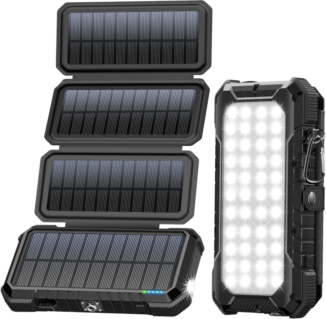 Solar Charger Power Bank, PD 18W Fast Charging 20000Mah Battery Pack with 4 Fold